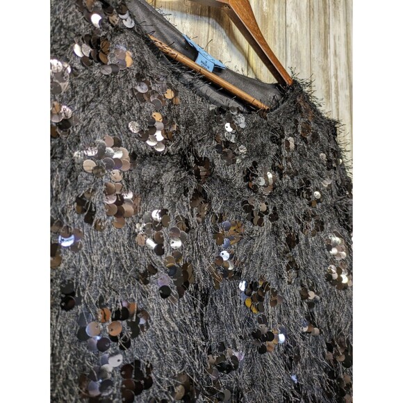 CeCe Black Sequin Feather Fringe Cocktail Top Long Sleeve Women's Small NWT $89 - Picture 3 of 11